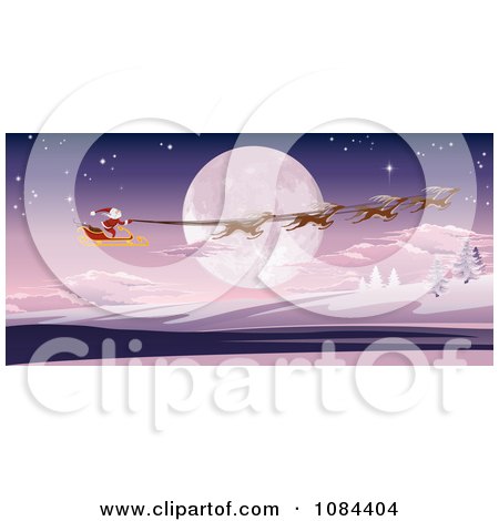 Clipart Santa With His Sleigh And Reindeer Passing In Front Of A Full Moon - Royalty Free Vector Illustration by AtStockIllustration