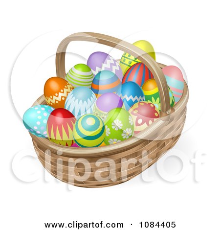 Clipart 3d Painted Easter Eggs And A Wicker Basket - Royalty Free Vector Illustration by AtStockIllustration