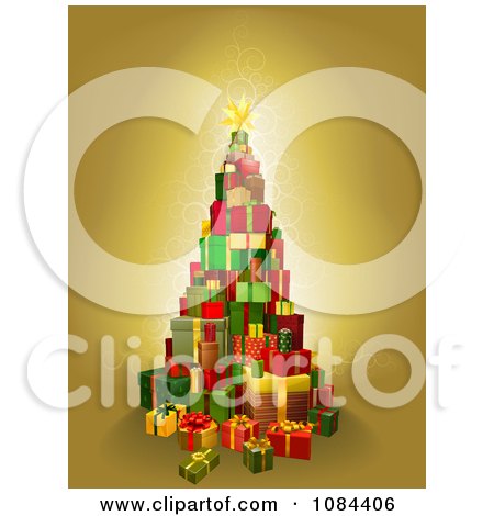 Clipart Christmas Tree Of 3d Gift Boxes On Gold - Royalty Free Vector Illustration by AtStockIllustration
