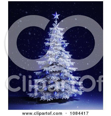 Clipart 3d Flocked Christmas Tree With Blue Ornaments - Royalty Free CGI Illustration by Mopic