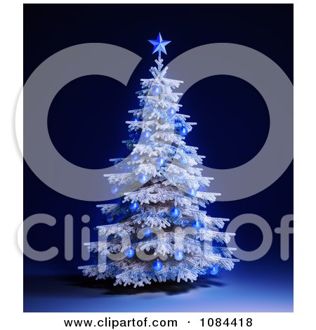 Clipart 3d White Christmas Tree With Blue Ornaments On Blue - Royalty Free CGI Illustration by Mopic