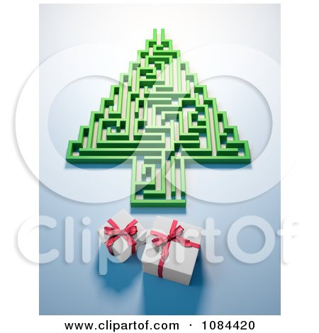 Clipart 3d Christmas Tree Maze And Gift Boxes On A Blue Background - Royalty Free CGI Illustration by Mopic