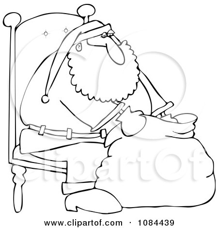 Clipart Outlined Santa Sitting In A Chair And Looking Into His Bag - Royalty Free Vector Illustration by djart