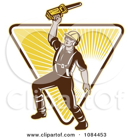 Clipart Retro Arborist Holding Up A Chainsaw - Royalty Free Vector Illustration by patrimonio