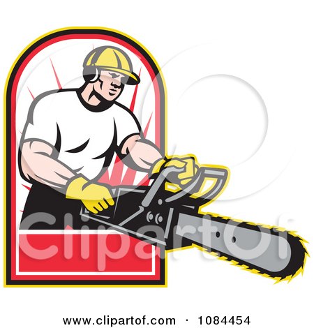 Clipart Retro Arborist Holding Out A Chainsaw - Royalty Free Vector Illustration by patrimonio