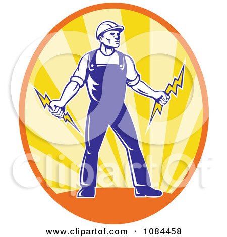 Clipart Retro Electrician Holding Bolts In An Oval Of Rays - Royalty Free Vector Illustration by patrimonio