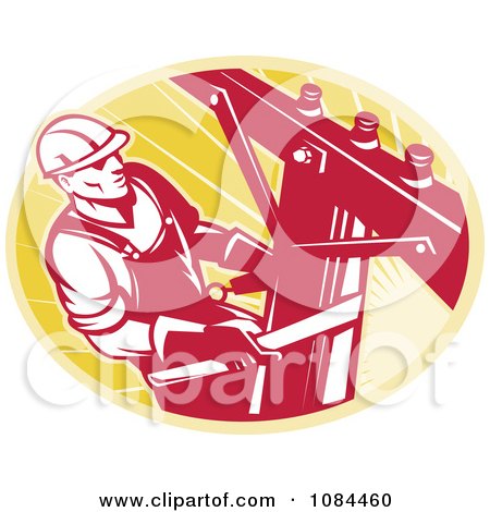 Clipart Retro Red Lineman Climbing A Pole - Royalty Free Vector Illustration by patrimonio