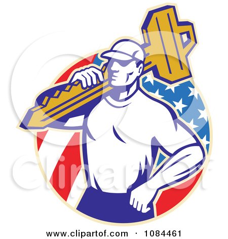 Clipart Retro Locksmith Carrying A Key Over An American Circle - Royalty Free Vector Illustration by patrimonio