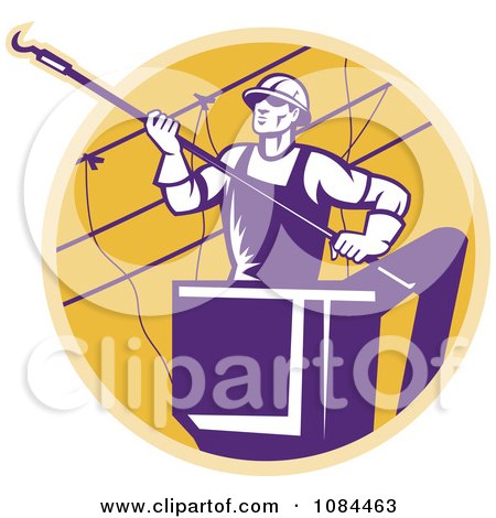 Clipart Retro Purple Lineman Working On Power Cables - Royalty Free Vector Illustration by patrimonio
