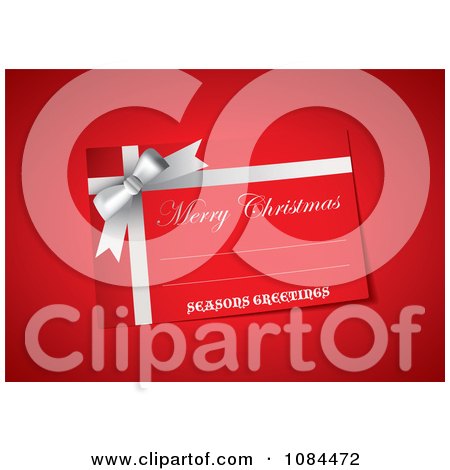 Clipart 3d Red And Silver Merry Christmas Seasons Greetings Gift Card On Red - Royalty Free Vector Illustration by michaeltravers
