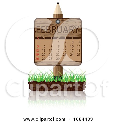 Clipart Wooden Pencil FEBRUARY Calendar Sign With Soil And Grass - Royalty Free Vector Illustration by Andrei Marincas