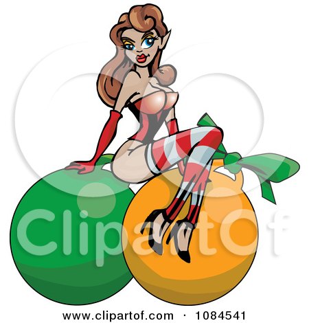 Clipart Christmas Pinup Woman Posing On Baubles - Royalty Free Vector Illustration by Dennis Holmes Designs