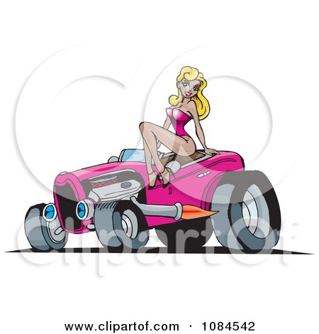 Clipart Blond Pinup Woman Posing On A Pink Hot Rod - Royalty Free Vector Illustration by Dennis Holmes Designs