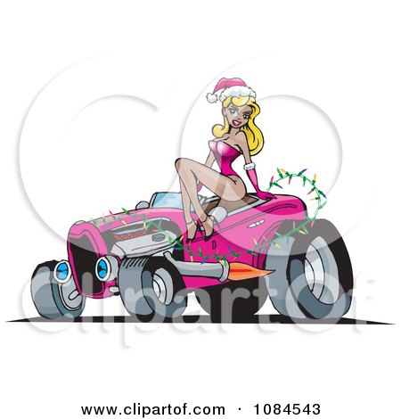 Clipart Christmas Pinup Woman Posing On A Pink Hot Rod - Royalty Free Vector Illustration by Dennis Holmes Designs