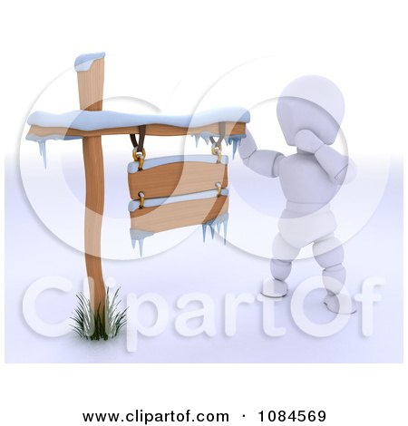 Clipart 3d White Character By A Snow Covered Wood Sign - Royalty Free CGI Illustration by KJ Pargeter