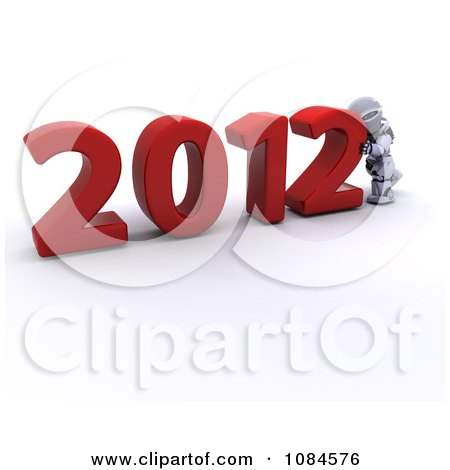 Clipart 3d Robot Pushing 2012 New Year Together - Royalty Free CGI Illustration by KJ Pargeter