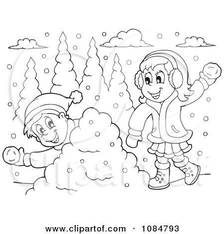Clipart Outlined Boy And Girl Having A Snowball Fight - Royalty Free Vector Illustration by visekart
