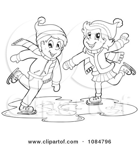 Clipart Outlined Boy And Girl Ice Skating - Royalty Free Vector Illustration by visekart