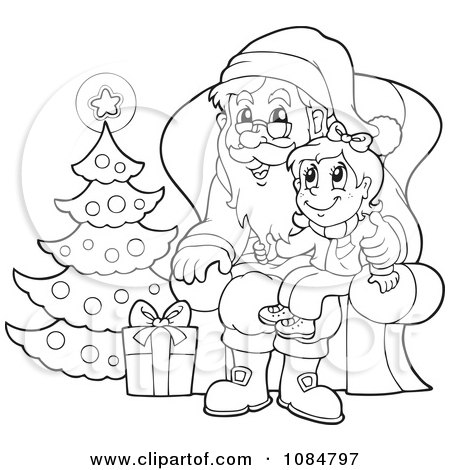 Clipart Outlined Christmas Girl Sitting On Santas Lap - Royalty Free Vector Illustration by visekart