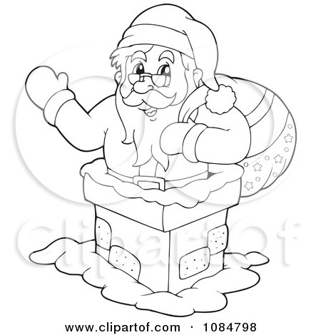 Clipart Outlined Santa Clause Waving In A Chimney - Royalty Free Vector Illustration by visekart