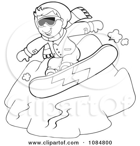 Clipart Outlined Boy Snowboarding Down A Hill - Royalty Free Vector Illustration by visekart