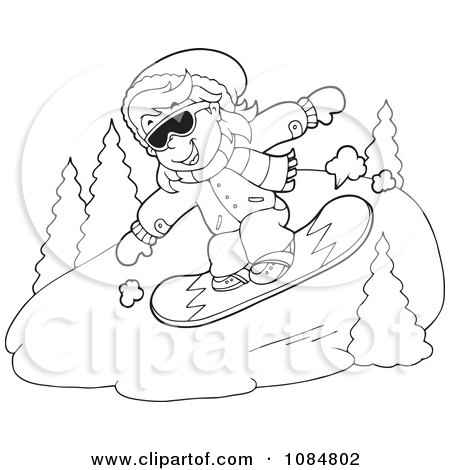 Clipart Outlined Snowboarding Down A Hill - Royalty Free Vector Illustration by visekart