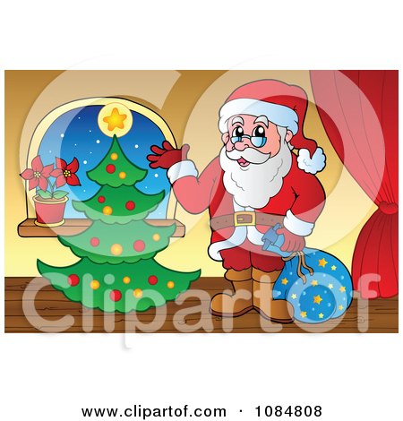 Clipart Santa With A Christmas Tree In A Home 3 - Royalty Free Vector Illustration by visekart