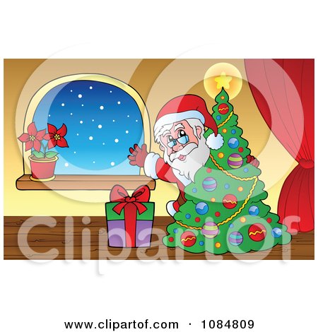 Clipart Santa With A Christmas Tree In A Home 1 - Royalty Free Vector Illustration by visekart