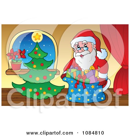 Clipart Santa With A Christmas Tree In A Home 2 - Royalty Free Vector Illustration by visekart
