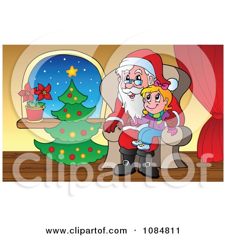 Clipart Girl Sitting On Santas Lap By A Christmas Tree - Royalty Free Vector Illustration by visekart