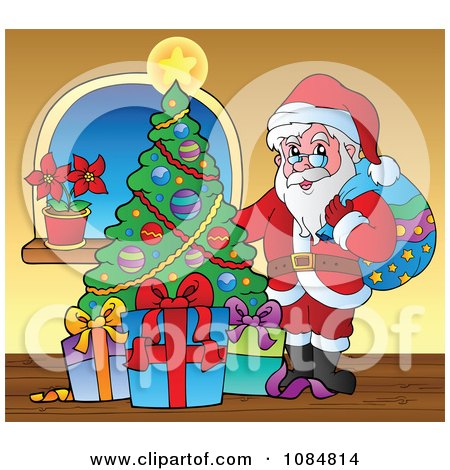 Clipart Santa With A Christmas Tree In A Home 4 - Royalty Free Vector Illustration by visekart