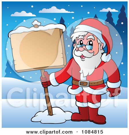 Clipart Santa Standing In The Snow With A Sign - Royalty Free Vector Illustration by visekart