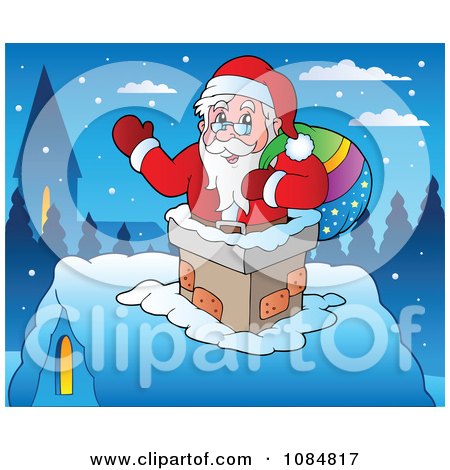 Clipart Santa Waving In A Chimney On Christmas Eve - Royalty Free Vector Illustration by visekart