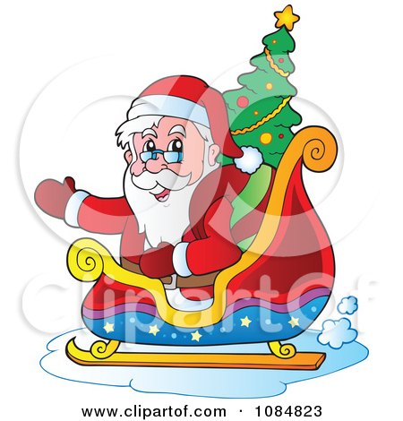 Clipart Waving Santa In His Sleigh With A Christmas Tree - Royalty Free Vector Illustration by visekart