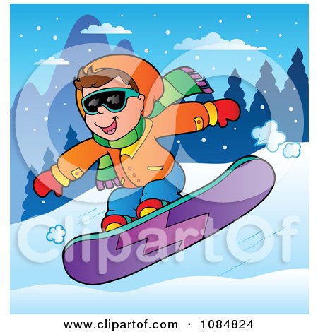 Clipart Boy Snowboarding At A Resort - Royalty Free Vector Illustration by visekart