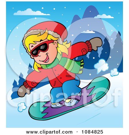Clipart Girl Snowboarding At A Resort - Royalty Free Vector Illustration by visekart