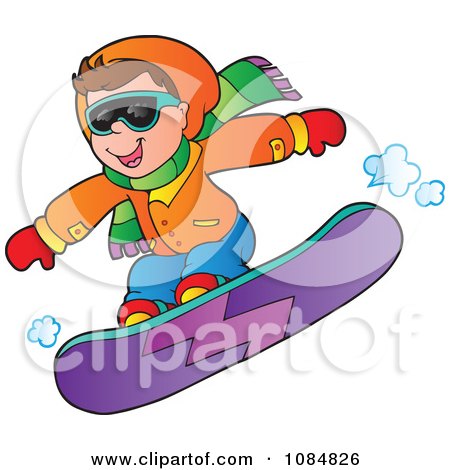 Clipart Boy Snowboarding In An Orange Jacket - Royalty Free Vector Illustration by visekart