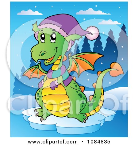 Clipart Winter Dragon Wearing A Scarf Mittens And Hat - Royalty Free Vector Illustration by visekart