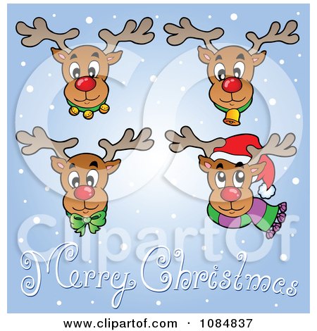 Clipart Four Reindeer Faces And A Merry Christmas Greeting Over Snow - Royalty Free Vector Illustration by visekart