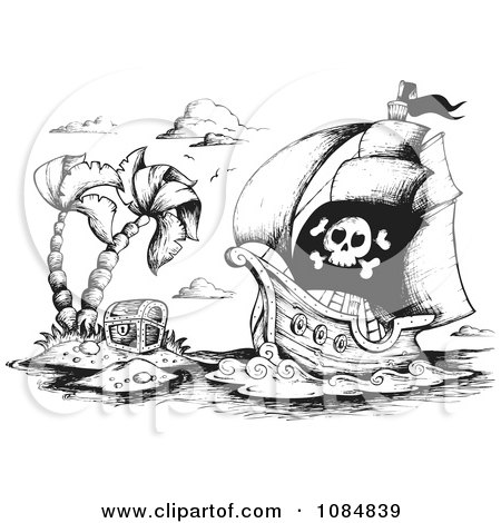 Clipart Sketched Drawing Of A Pirate Ship And Treasure Island - Royalty Free Vector Illustration by visekart