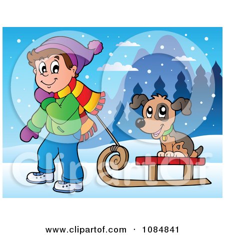 Clipart Boy Pulling A Dog On A Sled Through The Snow - Royalty Free Vector Illustration by visekart