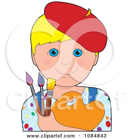 Clipart Blonde Boy Artist Wearing Red Beret And Holding Paint Brushes And Palette - Royalty Free Vector Illustration by Maria Bell