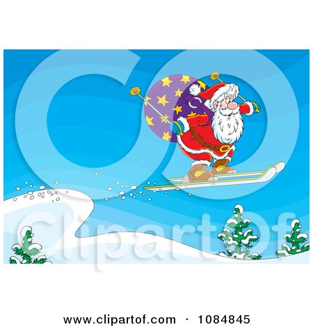 Clipart Santa Skiing Off Of A Ledge - Royalty Free Vector Illustration by Alex Bannykh