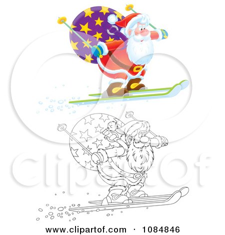 Clipart Outlined And Airbrushed Santas Skiing Off Of A Ledge - Royalty Free Illustration by Alex Bannykh