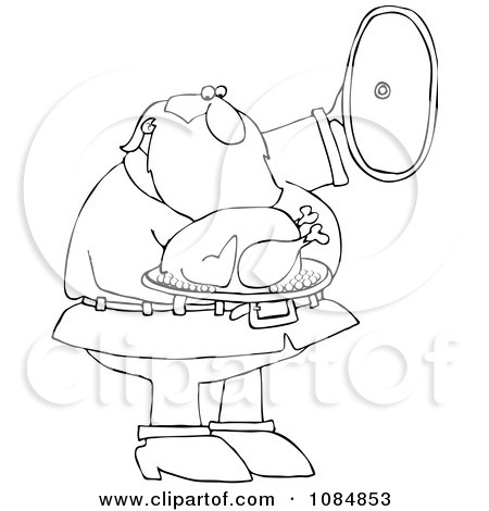 Clipart Outlined Santa Presenting A Roasted Turkey - Royalty Free Vector Illustration by djart