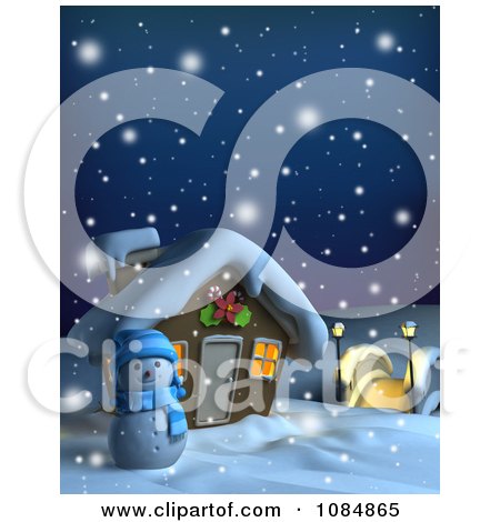 Clipart 3d Snowman And Christmas Home On A Snowing Winter Night - Royalty Free CGI Illustration by BNP Design Studio