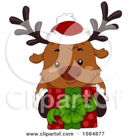Clipart Christmas Reindeer Holding Up A Gift - Royalty Free Vector Illustration by BNP Design Studio