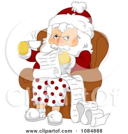 Clipart Santa Claus Sitting With A Beverage And Christmas List - Royalty Free Vector Illustration by BNP Design Studio