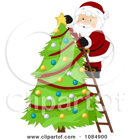 Clipart Santa Claus On A Ladder Decorating A Christmas Tree - Royalty Free Vector Illustration by BNP Design Studio