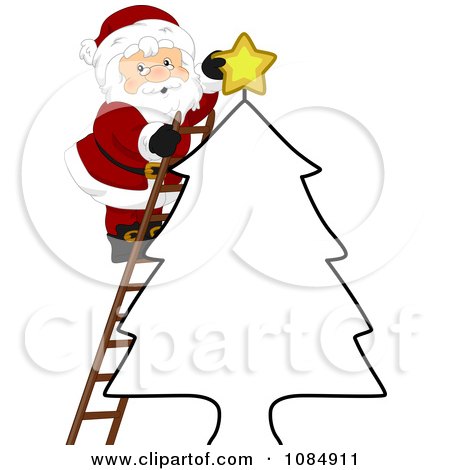 Clipart Santa Claus Putting A Christmas Star On An Outlined Tree - Royalty Free Vector Illustration by BNP Design Studio